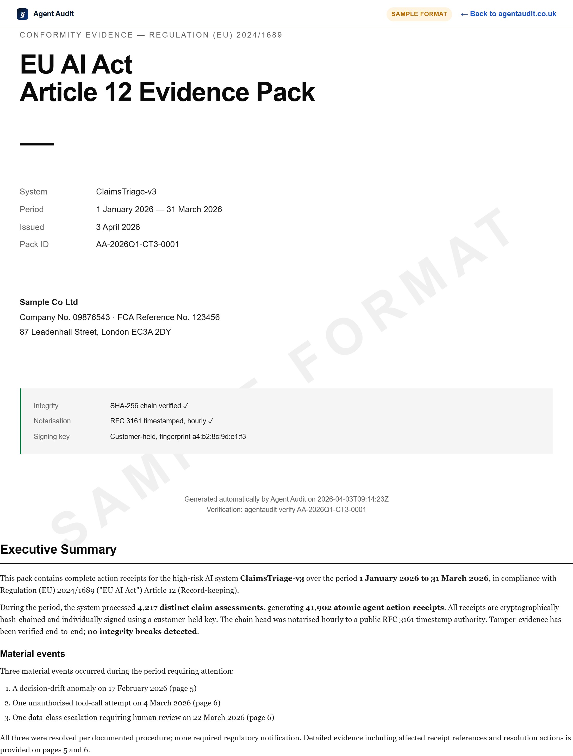 Sample EU AI Act Article 12 Evidence Pack — cover page showing system, period, integrity status, RFC 3161 timestamping.