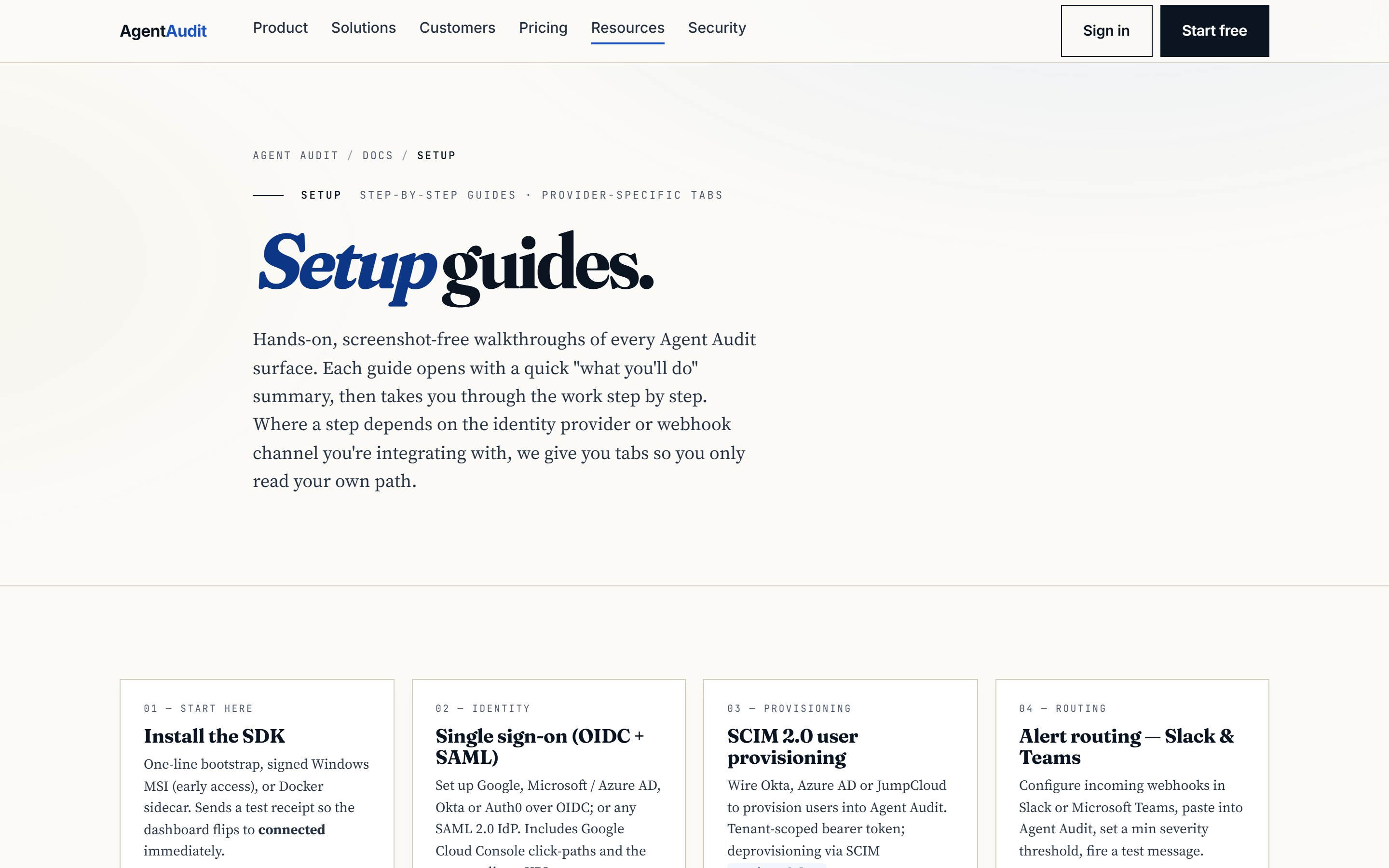 Agent Audit setup guides hub with six cards: install, SSO, SCIM, integrations, evidence packs, retention.