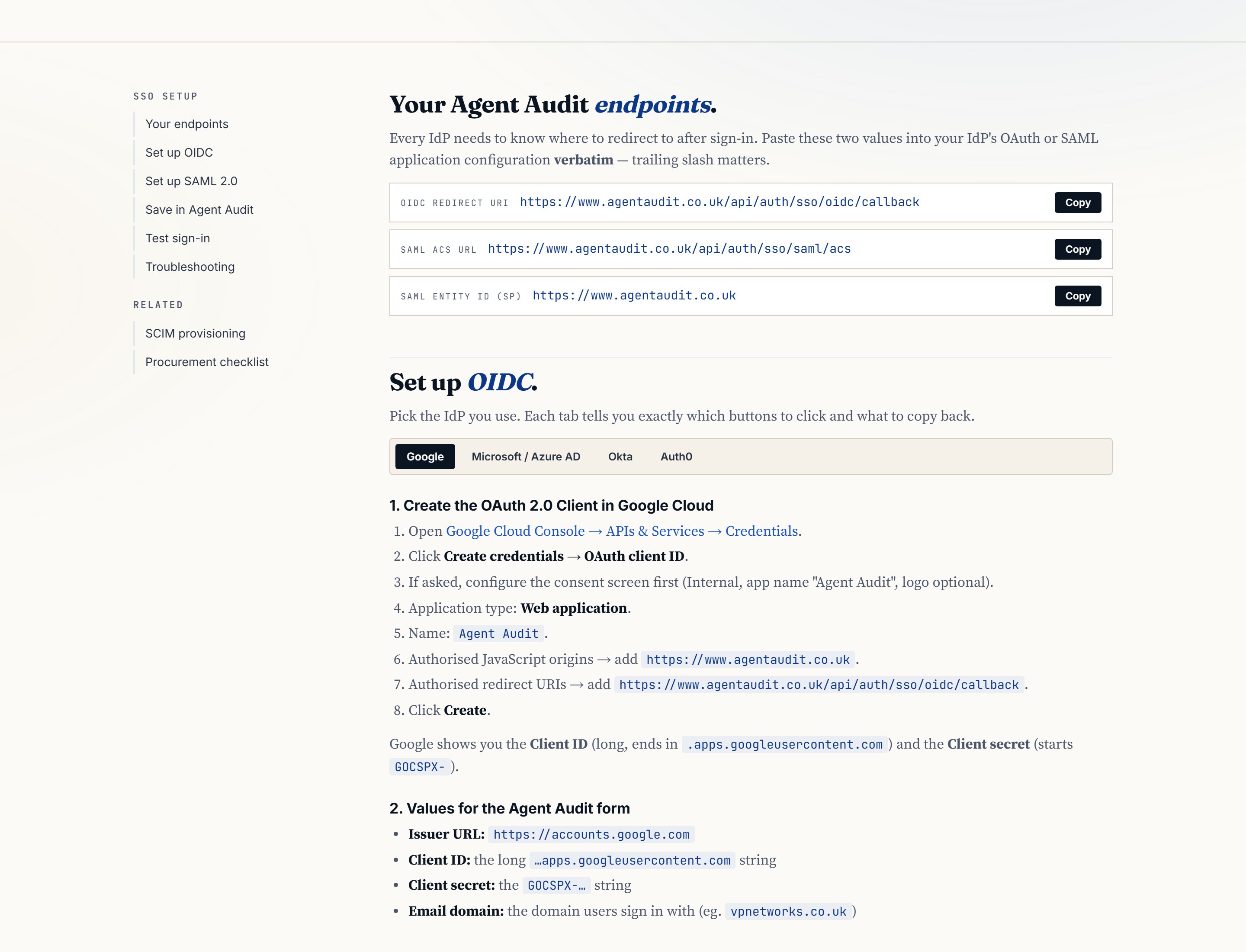 Agent Audit SSO setup guide showing Google, Microsoft Azure AD, Okta, Auth0 tabs and the OIDC redirect URI copy-row.